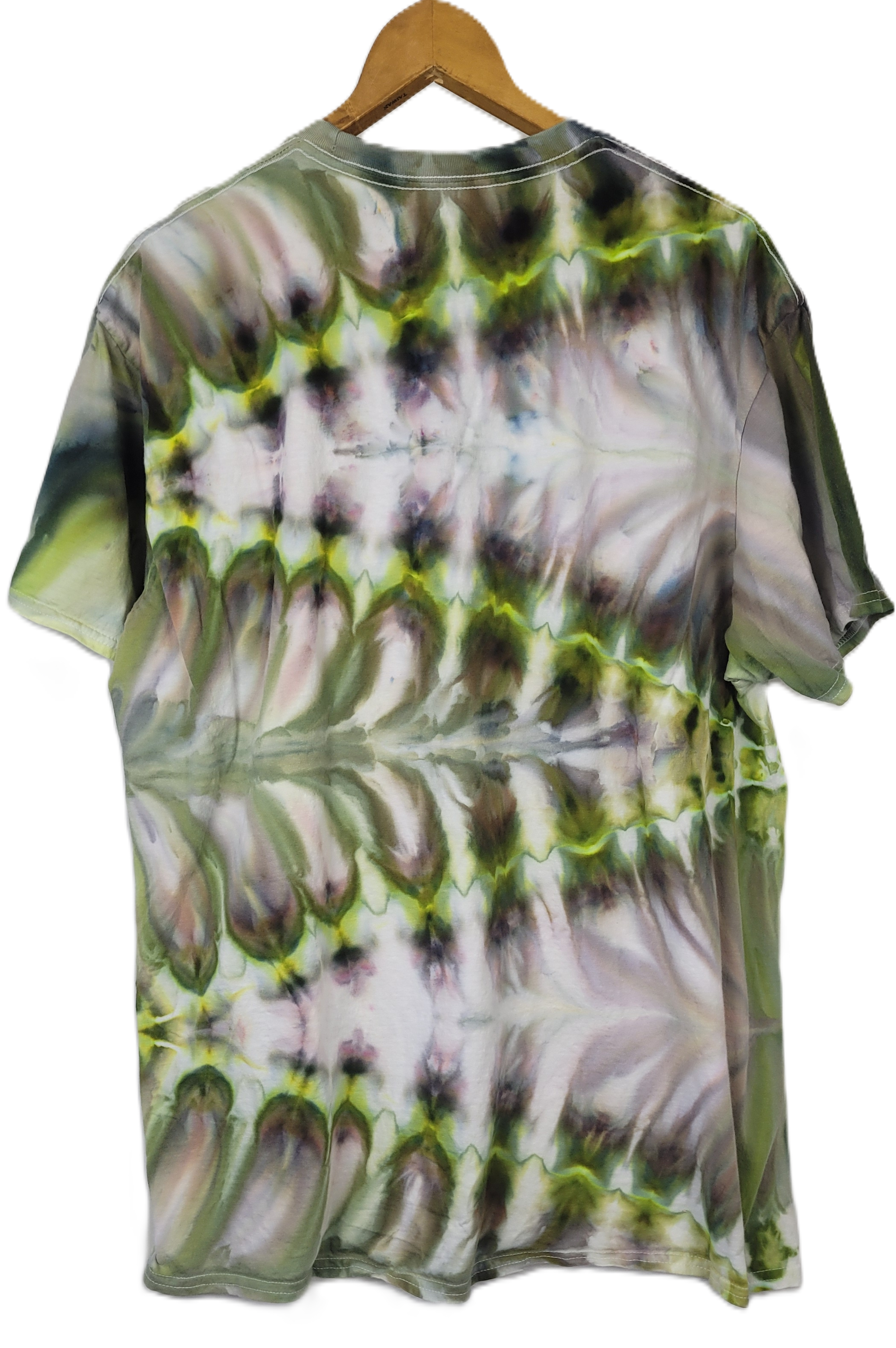 Tie-dye t-shirt on a wooden hanger with a white background