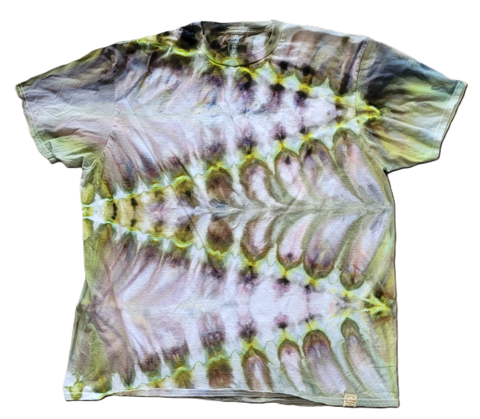 Tie-dye t-shirt with a unique pattern on a white background