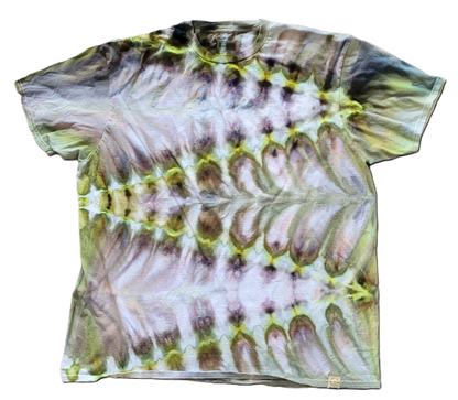 Tie-dye t-shirt with a unique pattern on a white background
