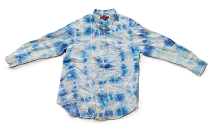 Azure Lattice Upcycled Tie-Dye Linen Shirt - Adult, Men's, Size Large - Re-Used Relics