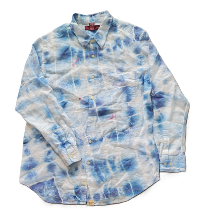 Azure Lattice Upcycled Tie-Dye Linen Shirt - Adult, Men's, Size Large - Re-Used Relics
