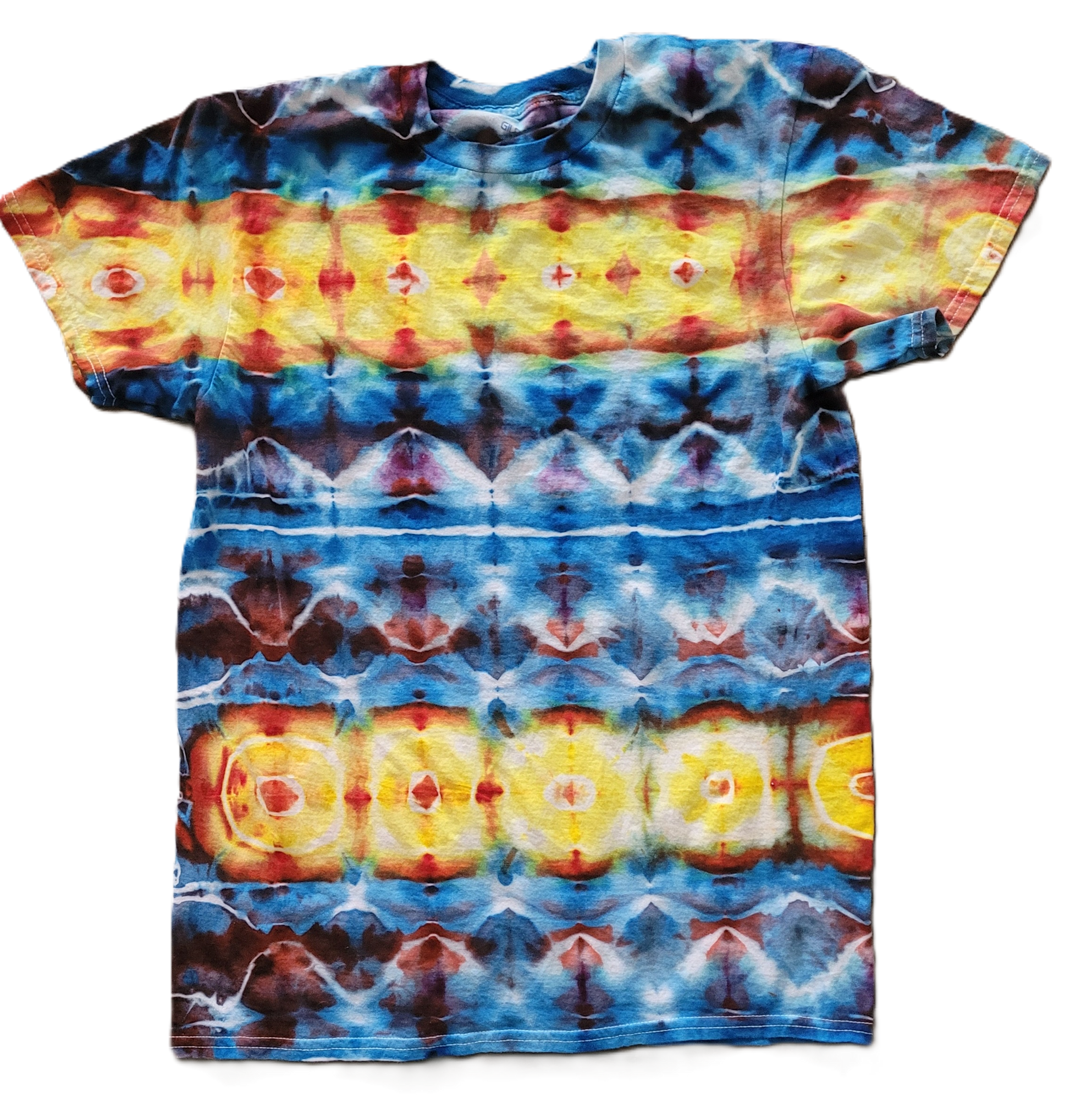 Tie-dye t-shirt with a colorful pattern on a white background