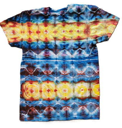 Tie-dye t-shirt with a colorful pattern on a white background