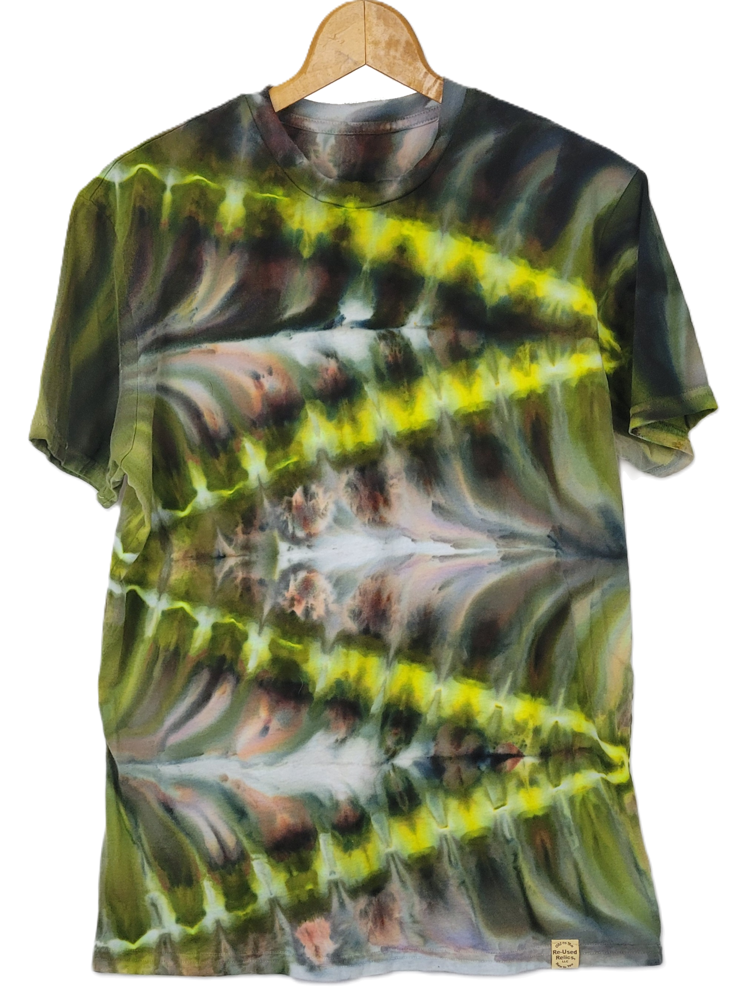 Tie-dye t-shirt with a geometric pattern on a white background