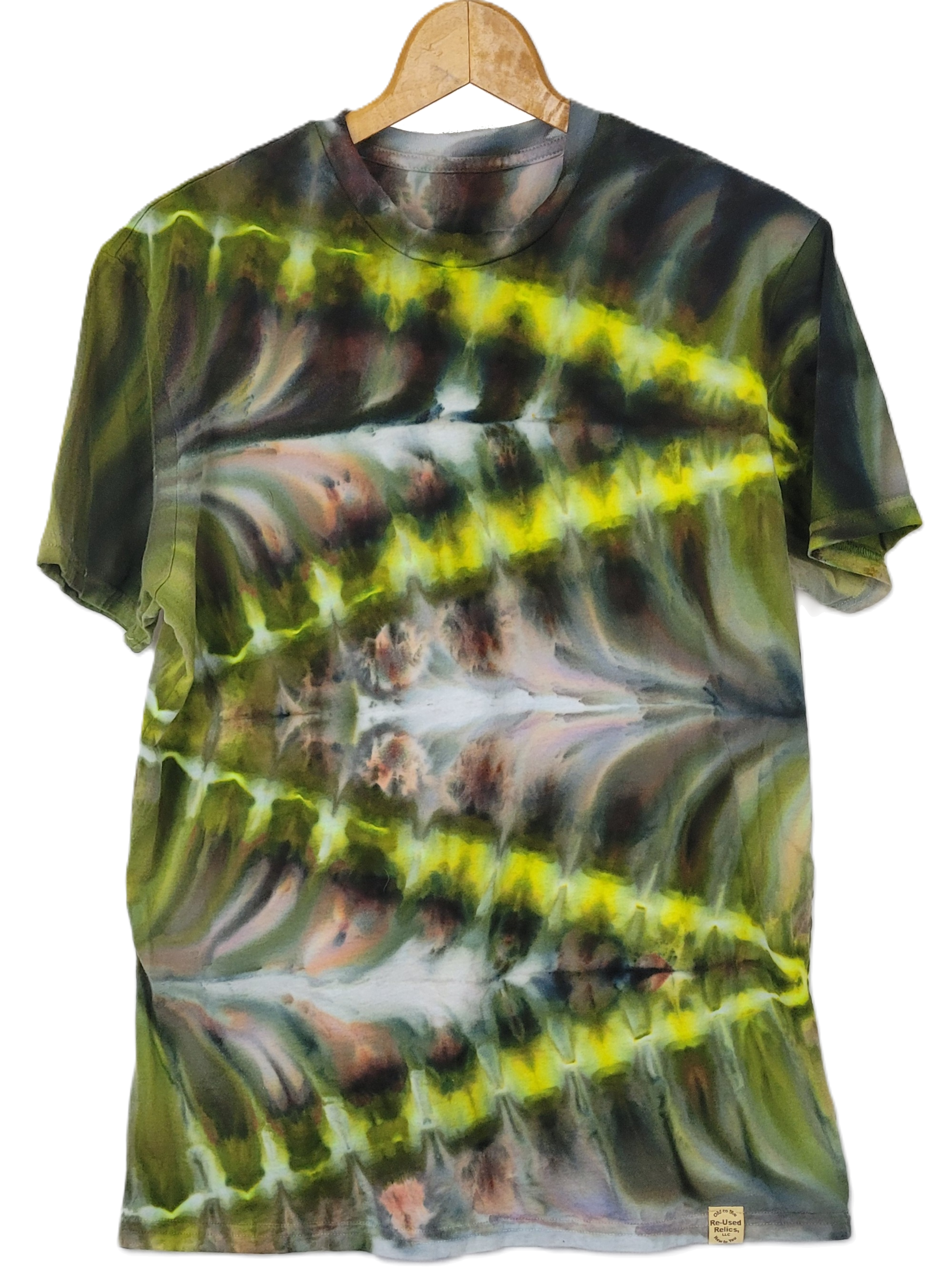 Tie-dye t-shirt with a geometric pattern on a white background