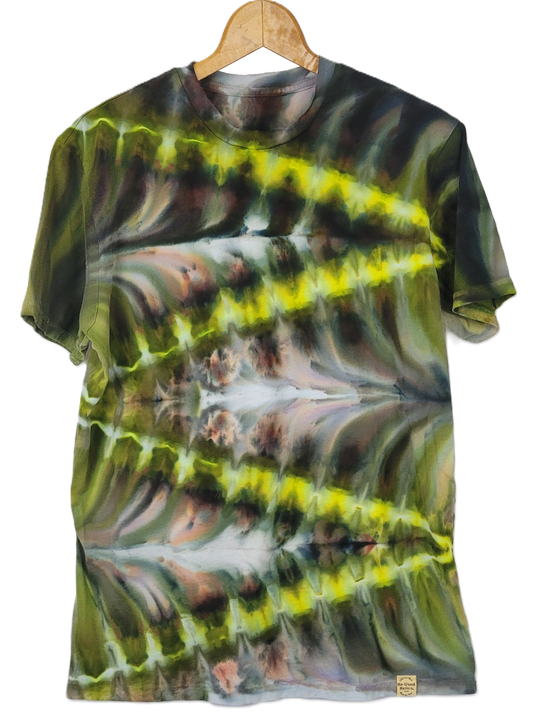Tie-dye t-shirt with a geometric pattern on a white background