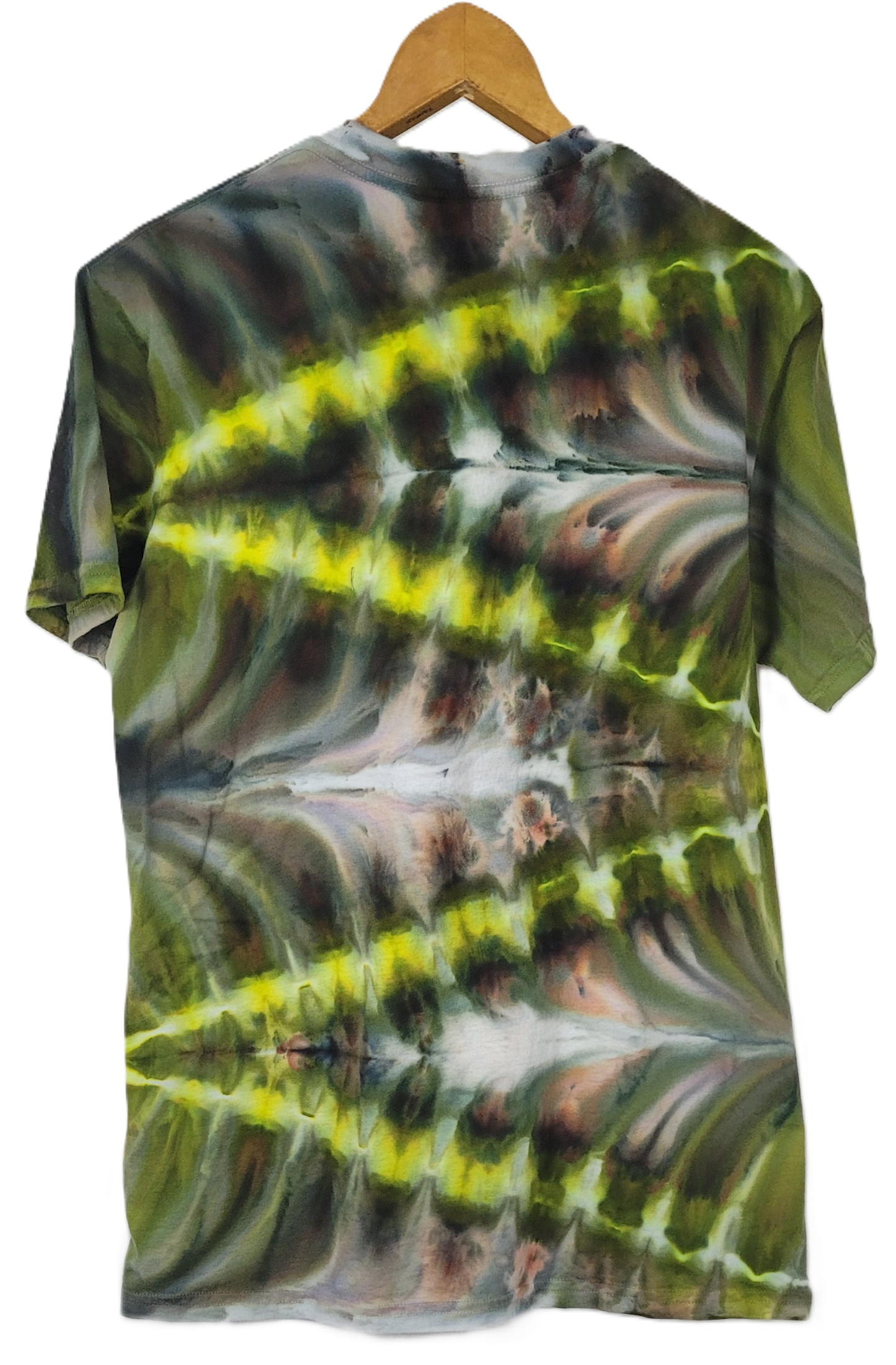 Tie-dye t-shirt with a green and yellow pattern on a hanger against a white background