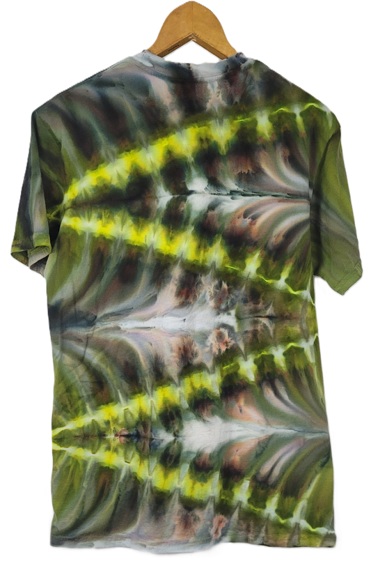 Tie-dye t-shirt with a green and yellow pattern on a hanger against a white background