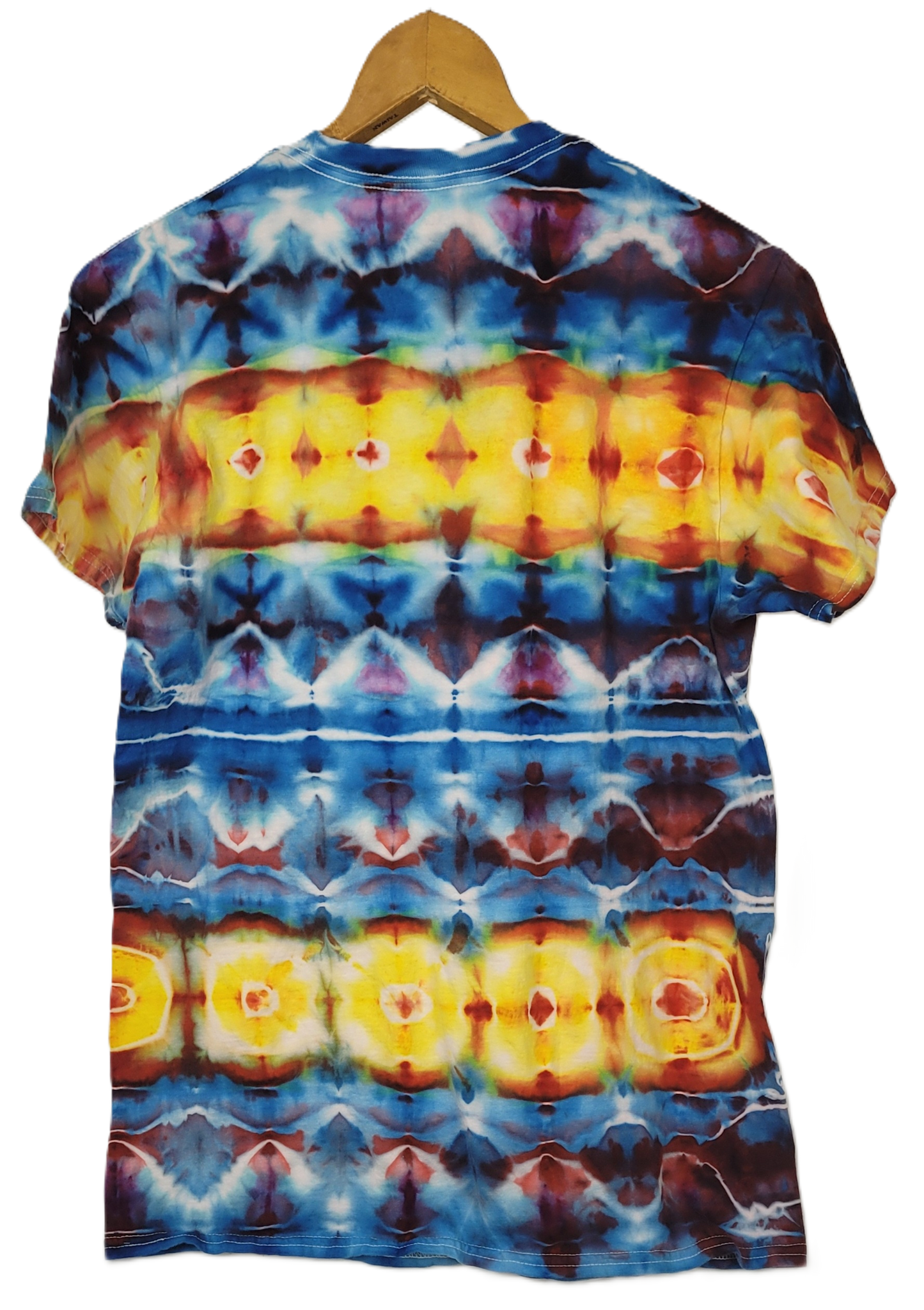 Tie-dye t-shirt with a colorful pattern on a white background