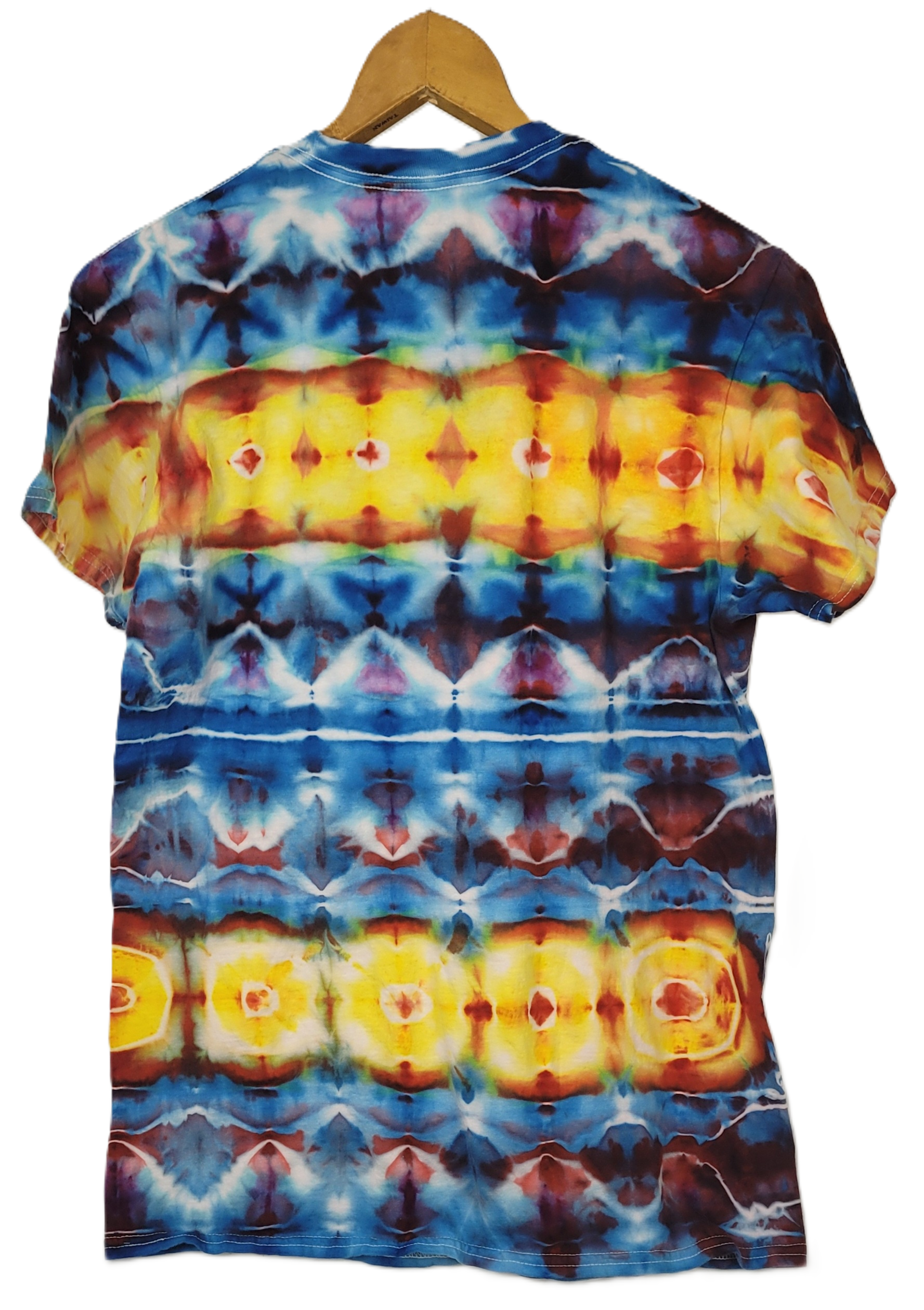 Tie-dye t-shirt with a colorful pattern on a white background