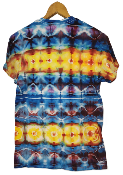 Tie-dye t-shirt with a colorful pattern on a white background