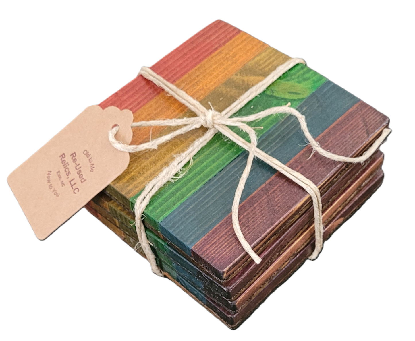 Stack of colorful wooden coasters tied with string on a dark background