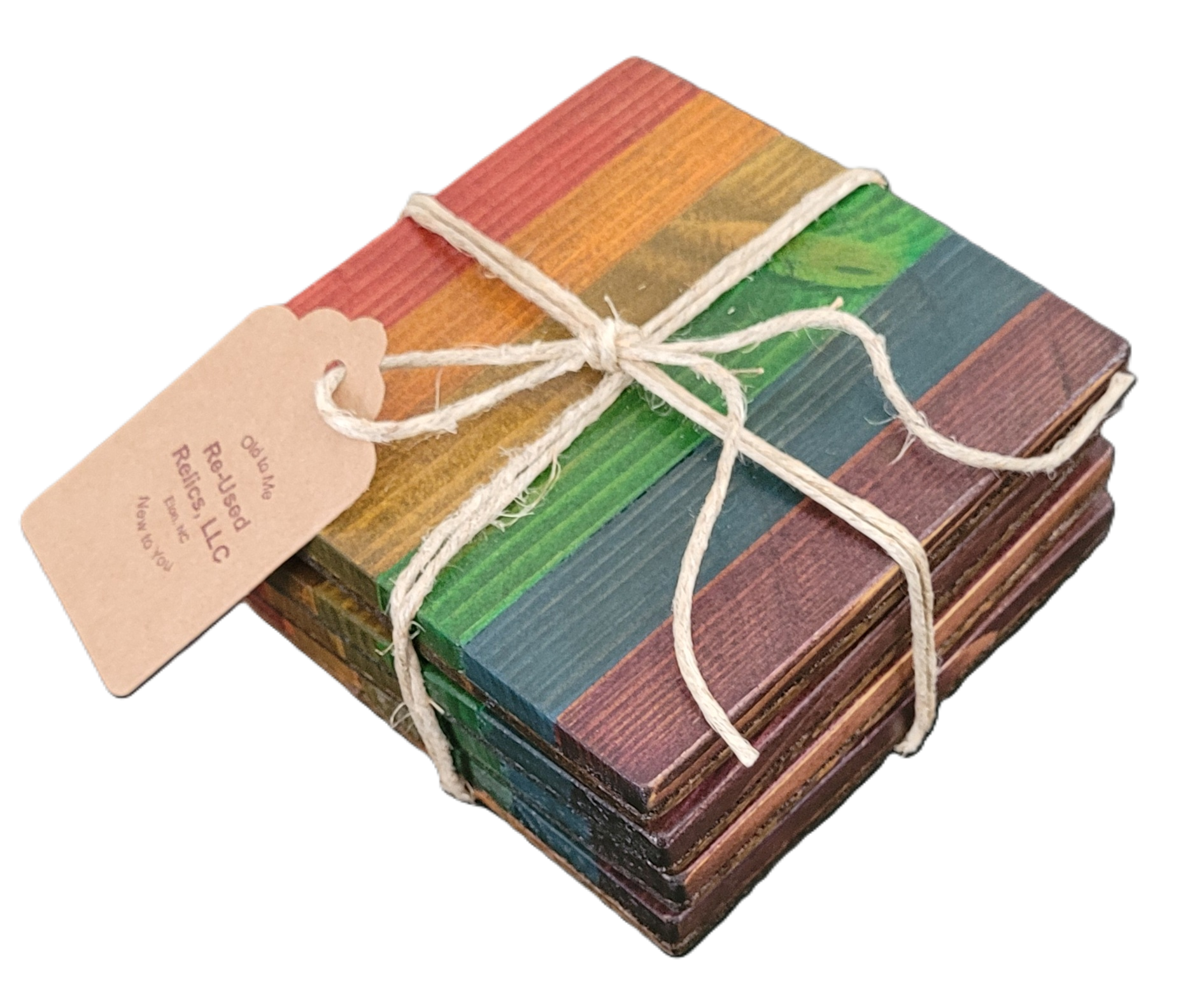 Stack of colorful wooden coasters tied with string on a dark background