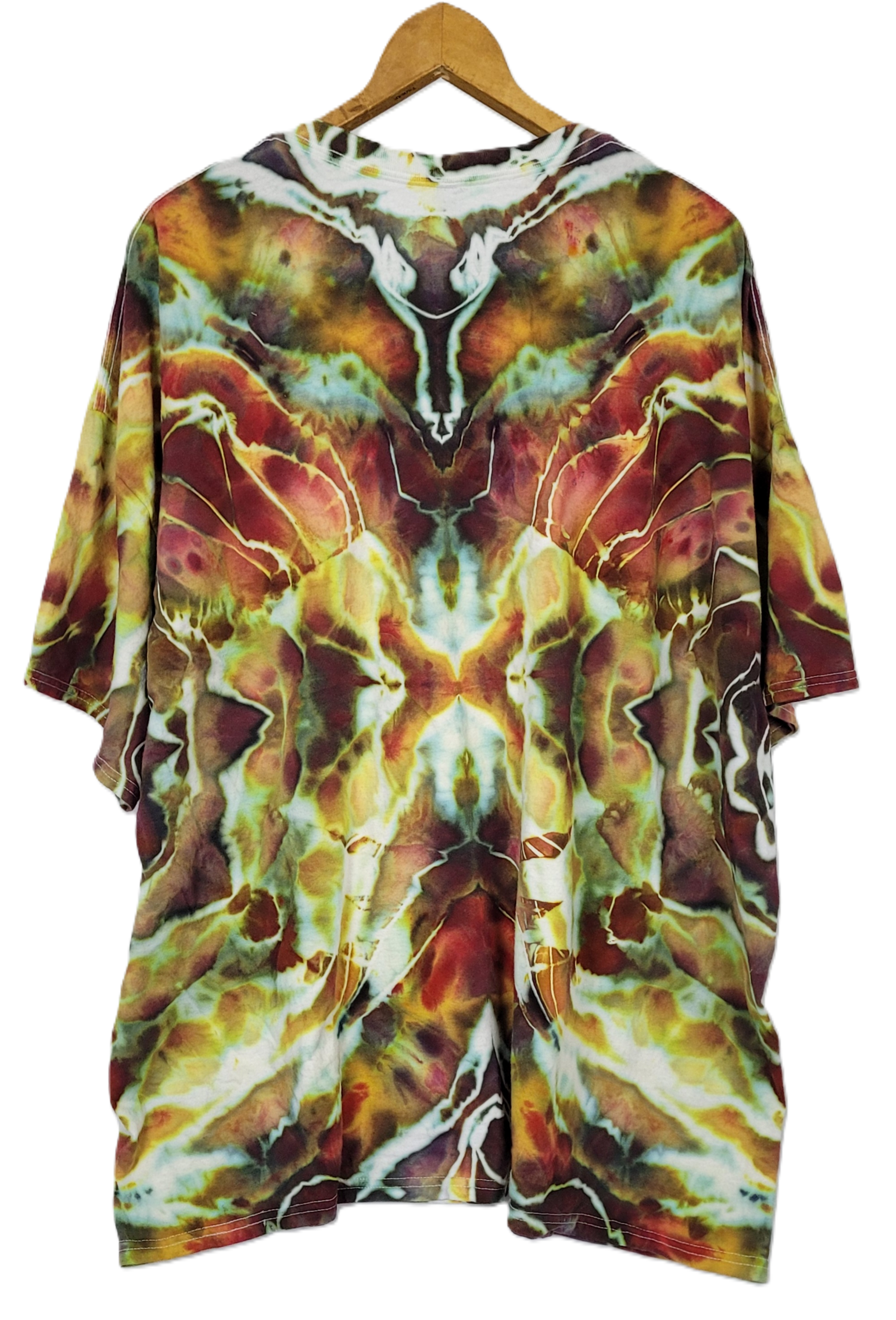 Tie-dye shirt on a hanger with a white background