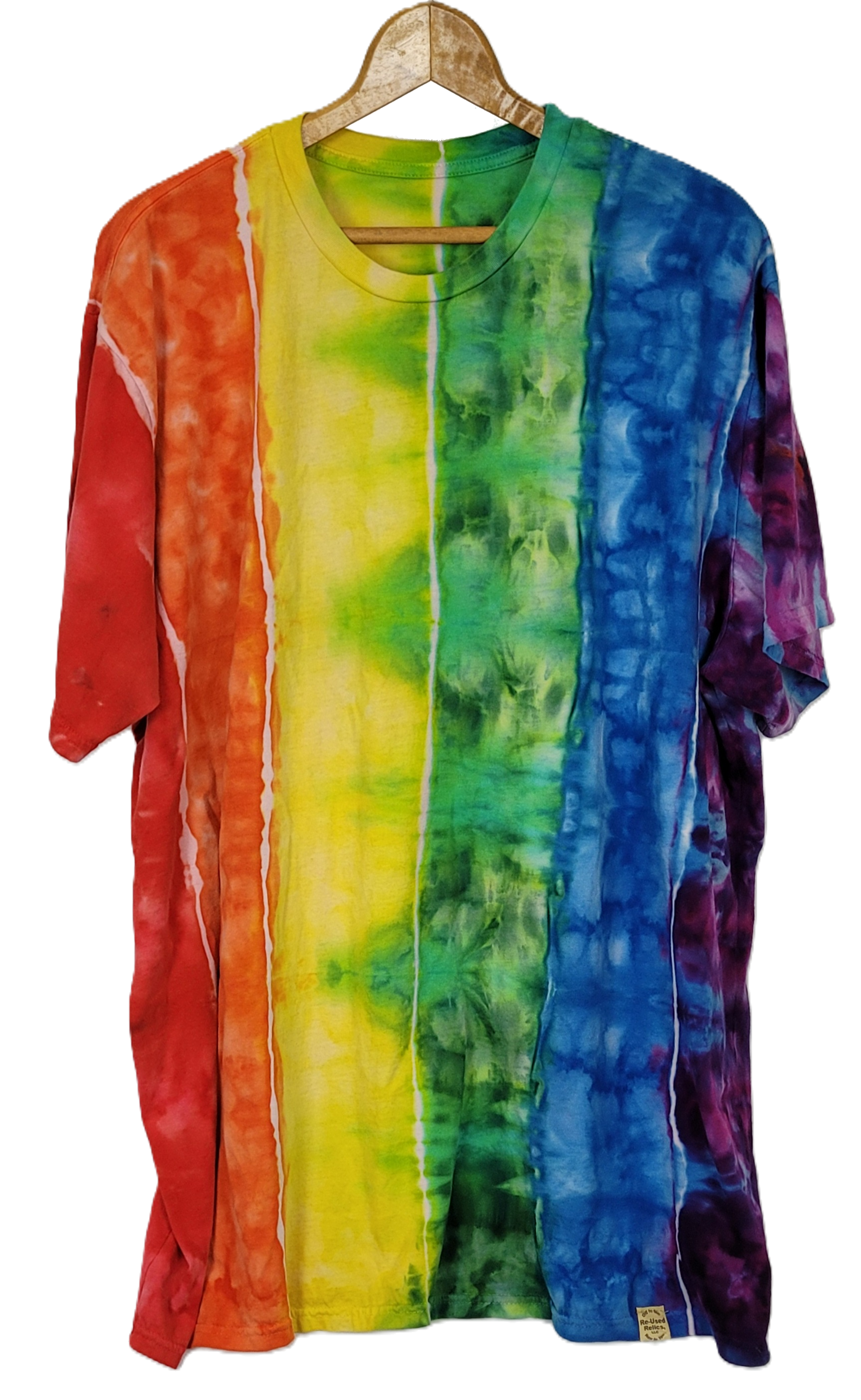 Colorful tie-dye shirt on a hanger against a white background