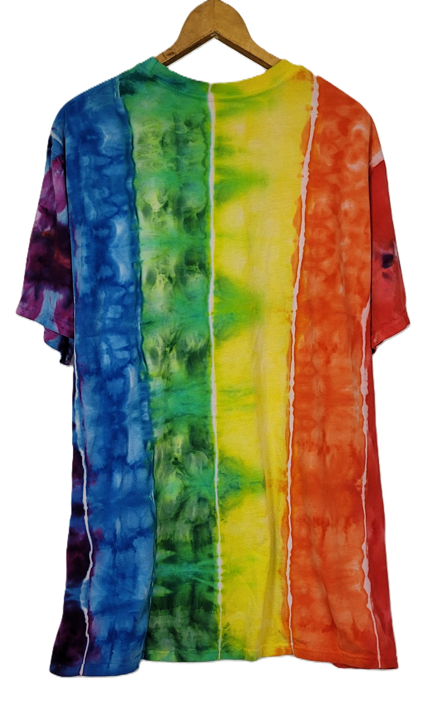Multicolored tie-dye shirt on a hanger against a white background