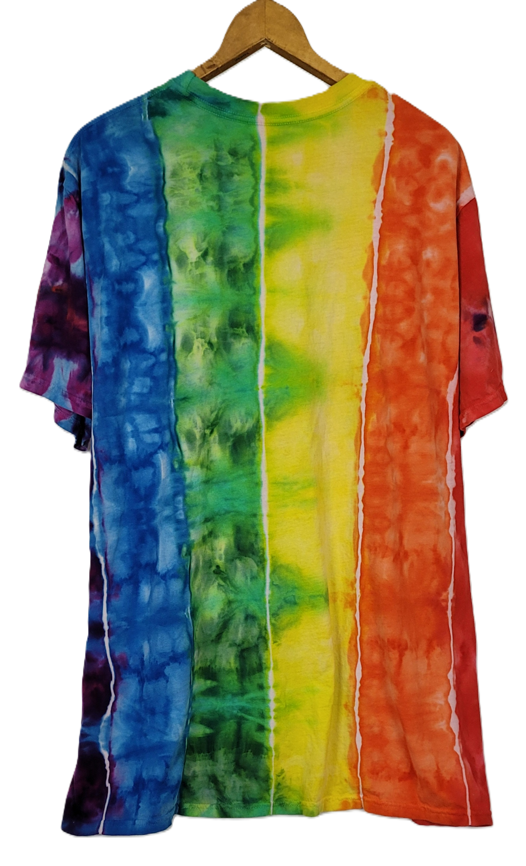 Multicolored tie-dye shirt on a hanger against a white background