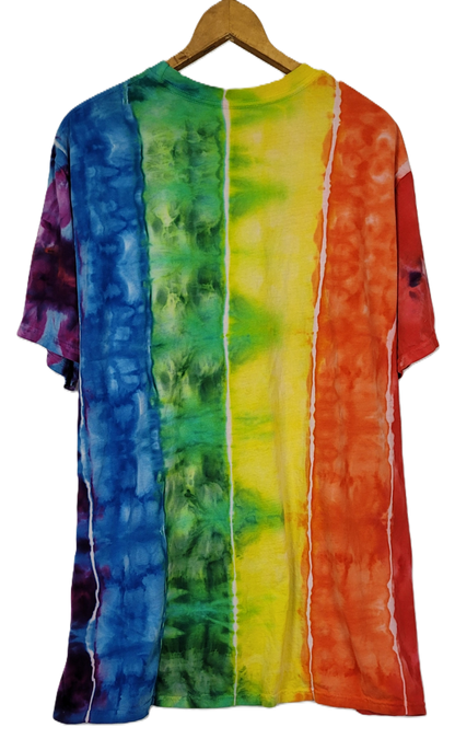 Multicolored tie-dye shirt on a hanger against a white background