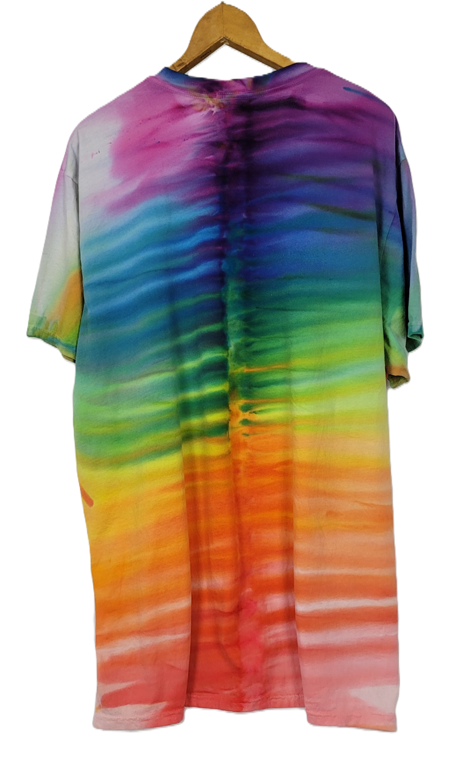 Colorful tie-dye shirt on a hanger with a transparent background