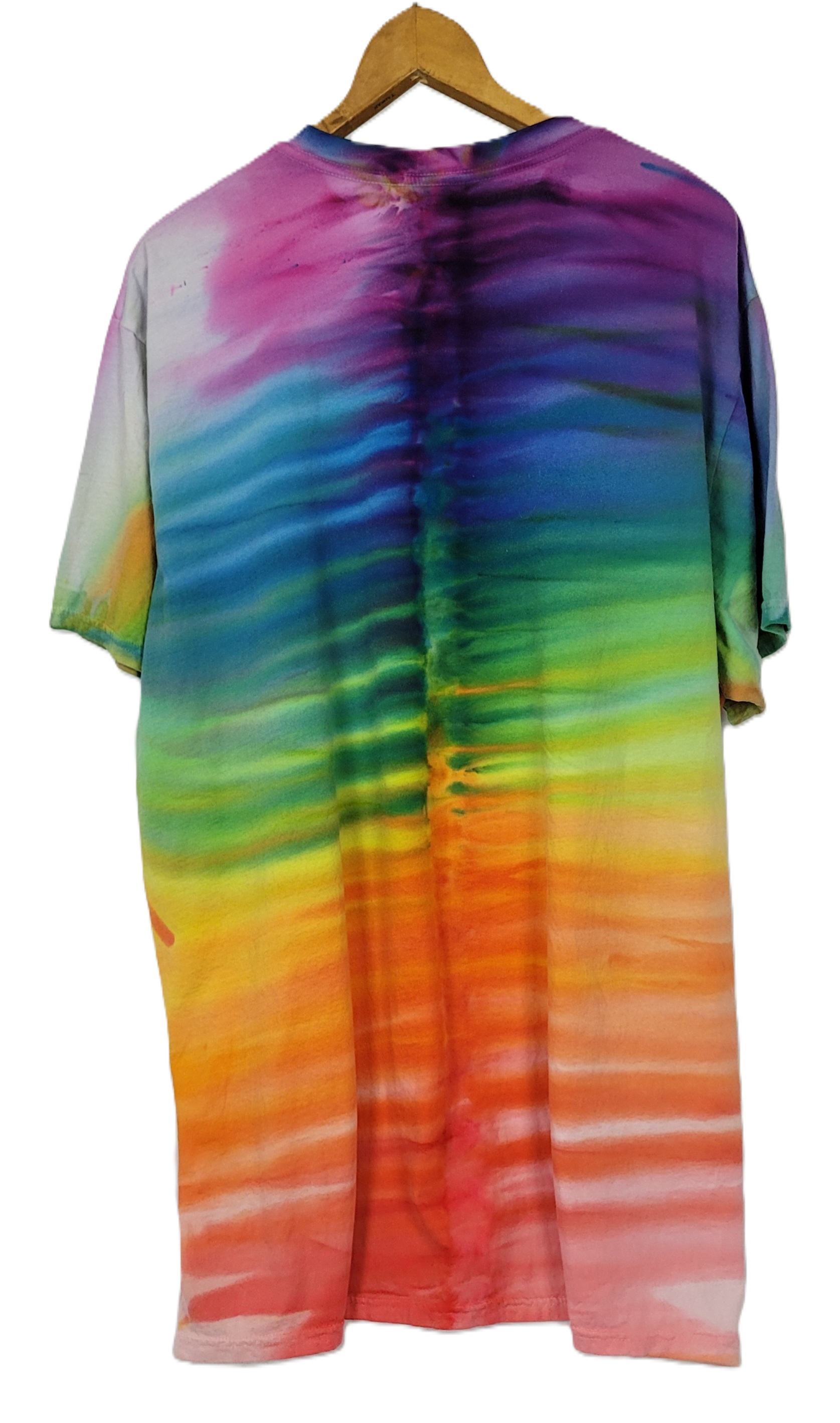 Colorful tie-dye shirt on a hanger with a transparent background