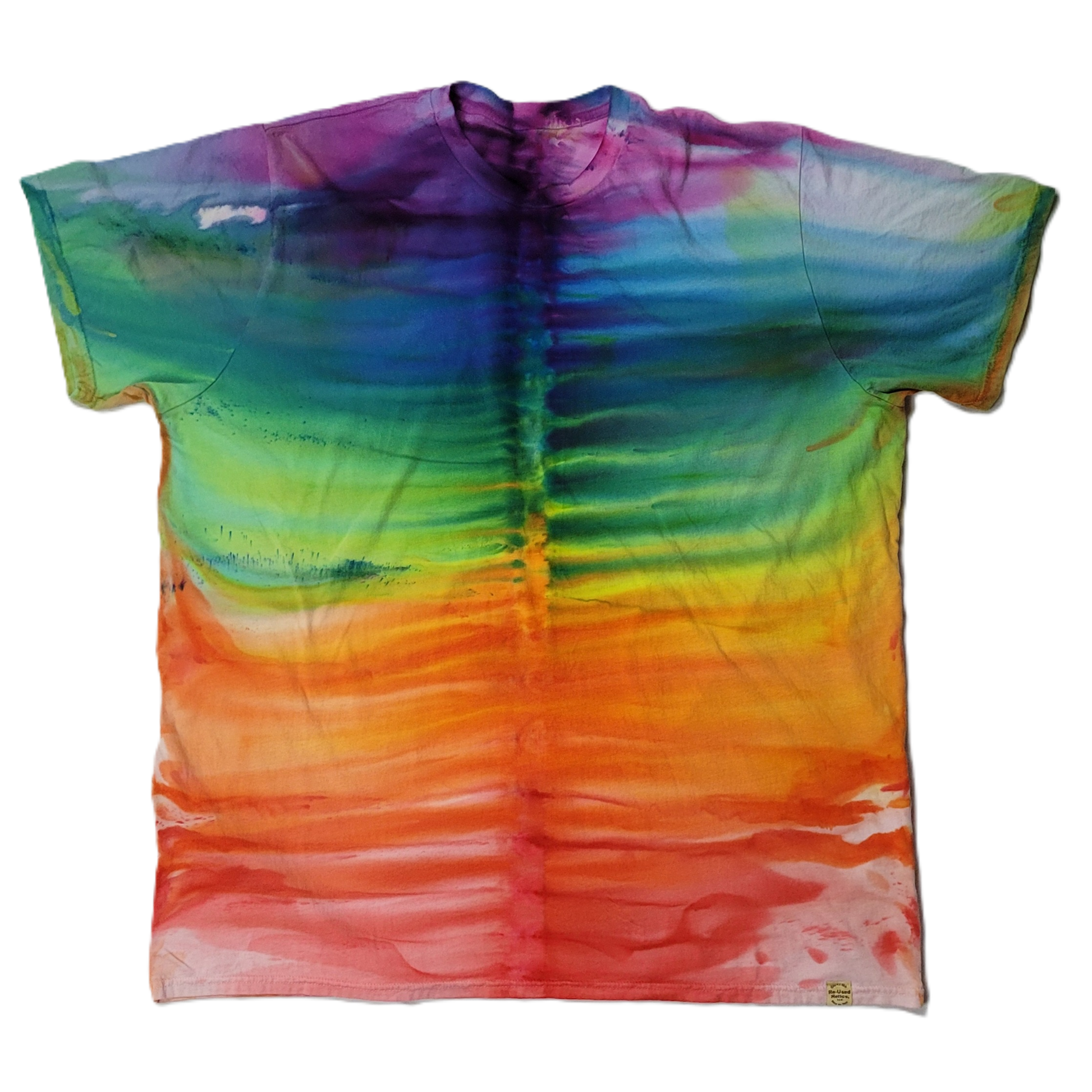 Colorful tie-dye t-shirt with a gradient from purple to red on a white background