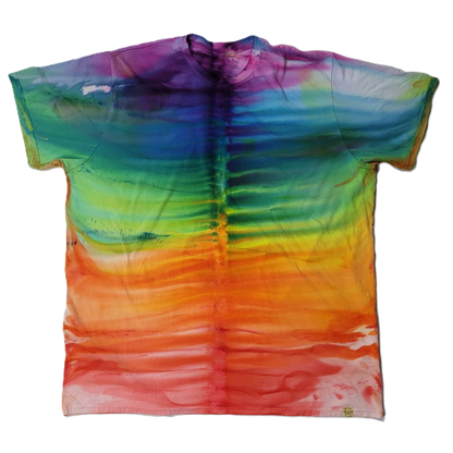 Colorful tie-dye t-shirt with a gradient from purple to red on a white background