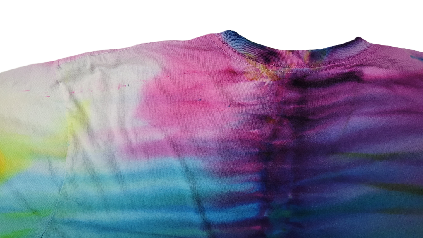Colorful tie-dye pattern on a white background