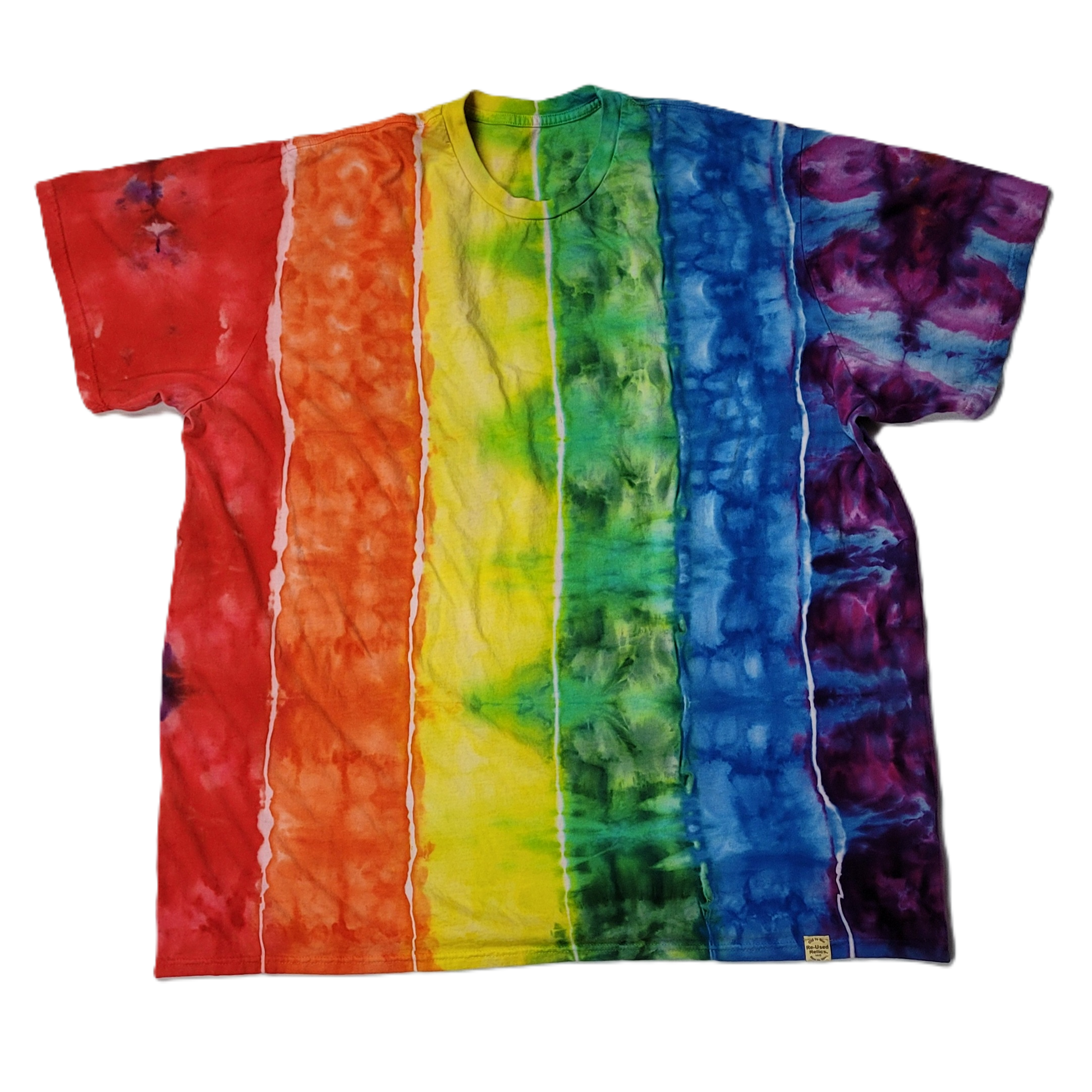 Tie-dye t-shirt with rainbow pattern on a white background
