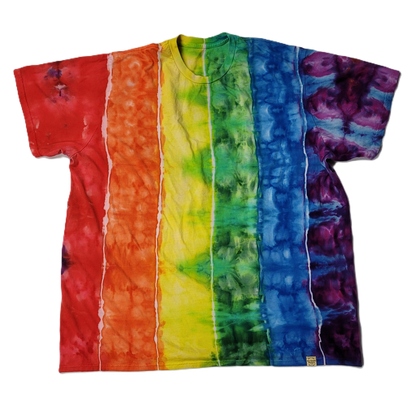 Tie-dye t-shirt with rainbow pattern on a white background
