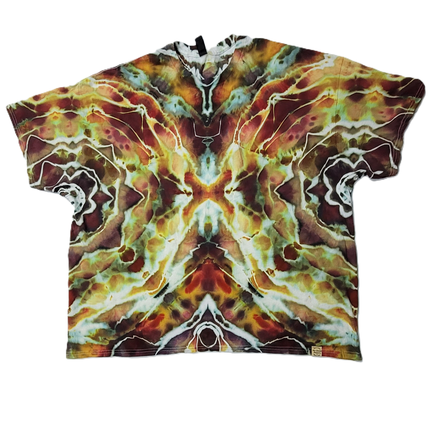 Tie-dye shirt with a vibrant, multicolored pattern on a white background