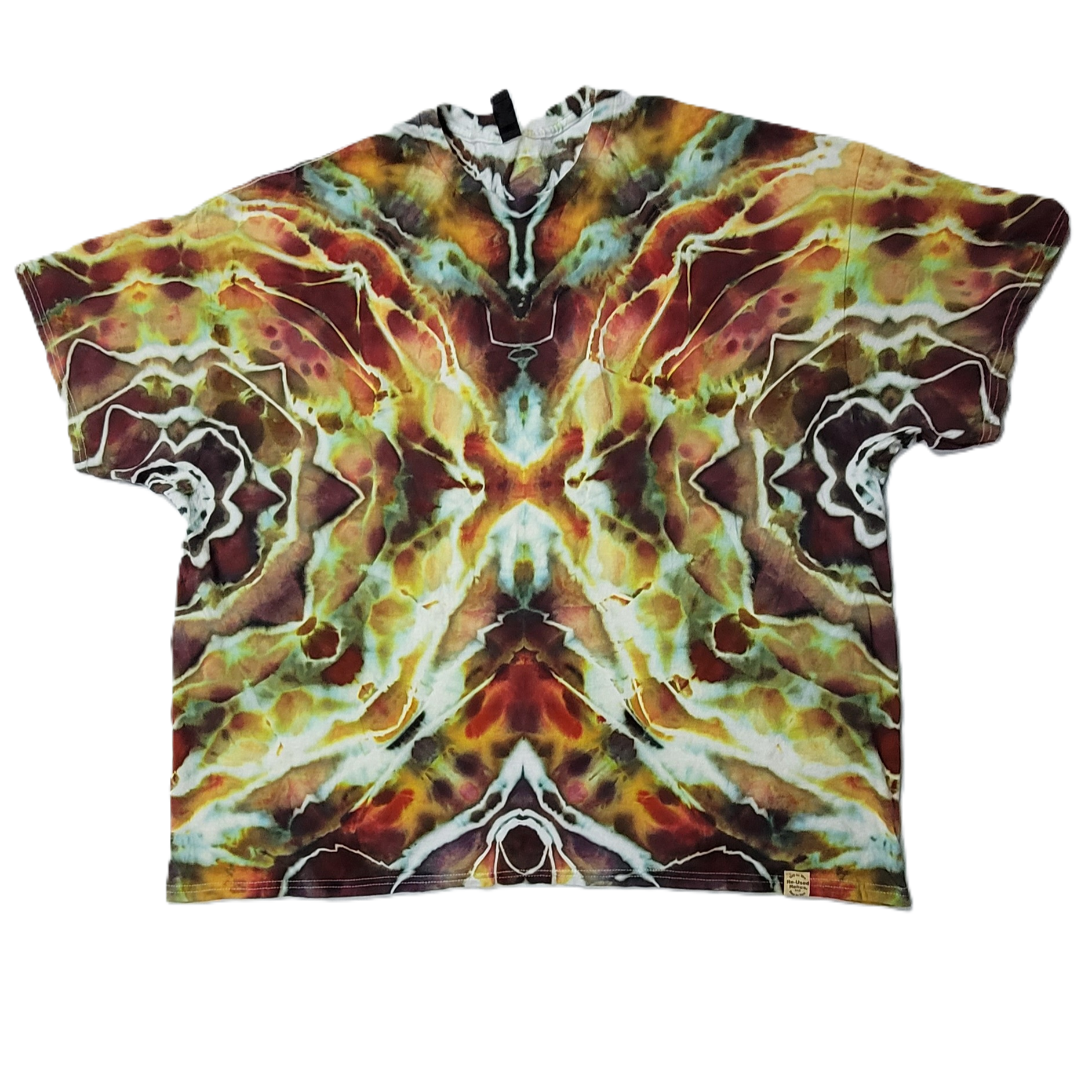 Tie-dye shirt with a vibrant, multicolored pattern on a white background