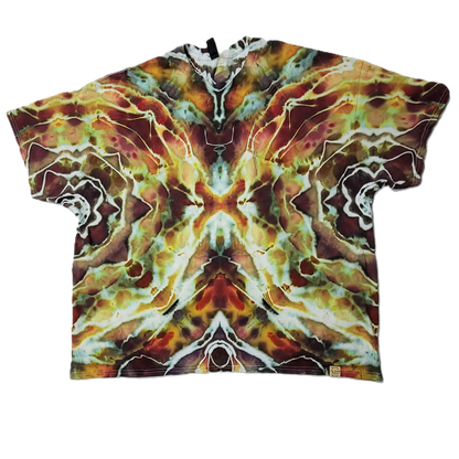 Tie-dye shirt with a vibrant, multicolored pattern on a white background