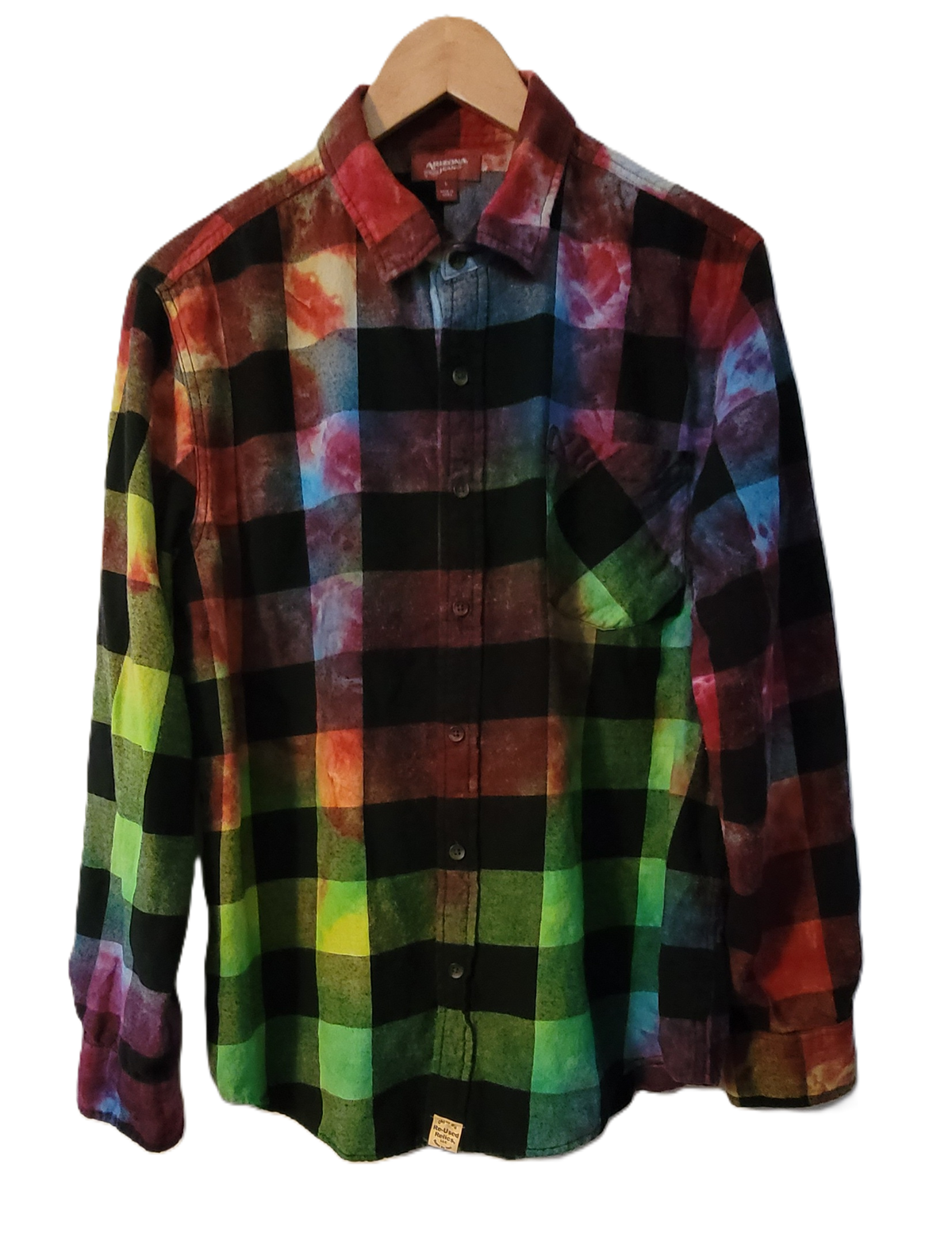 The Neon Nebula Plaid Upcycled Tie-Dye Flannel Shirt – Adult, Men’s, Size L