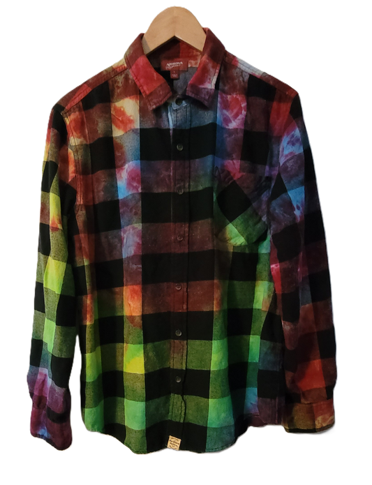 The Neon Nebula Plaid Upcycled Tie-Dye Flannel Shirt – Adult, Men’s, Size L
