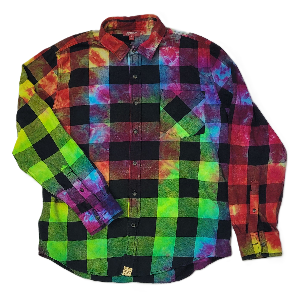 The Neon Nebula Plaid Upcycled Tie-Dye Flannel Shirt – Adult, Men’s, Size L