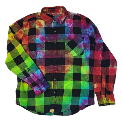 The Neon Nebula Plaid Upcycled Tie-Dye Flannel Shirt – Adult, Men’s, Size L