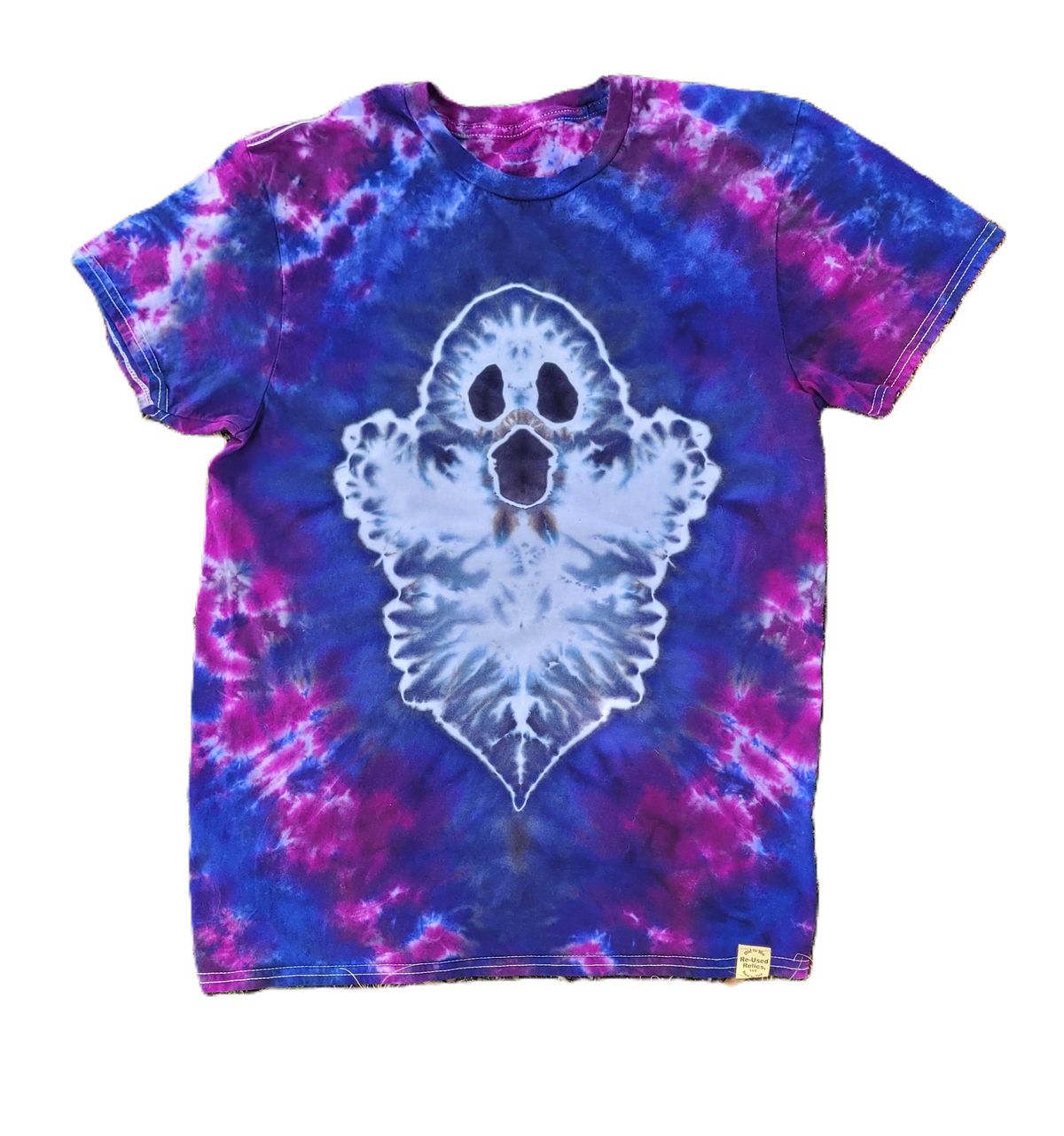 A short-sleeve crewneck t-shirt featuring a blue and purple tie-dye pattern with a large white ghost graphic on the front.
