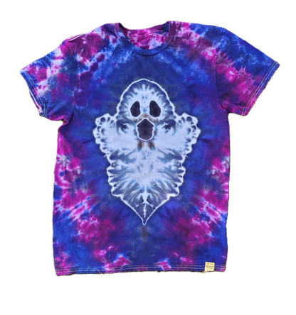 A short-sleeve crewneck t-shirt featuring a blue and purple tie-dye pattern with a large white ghost graphic on the front.