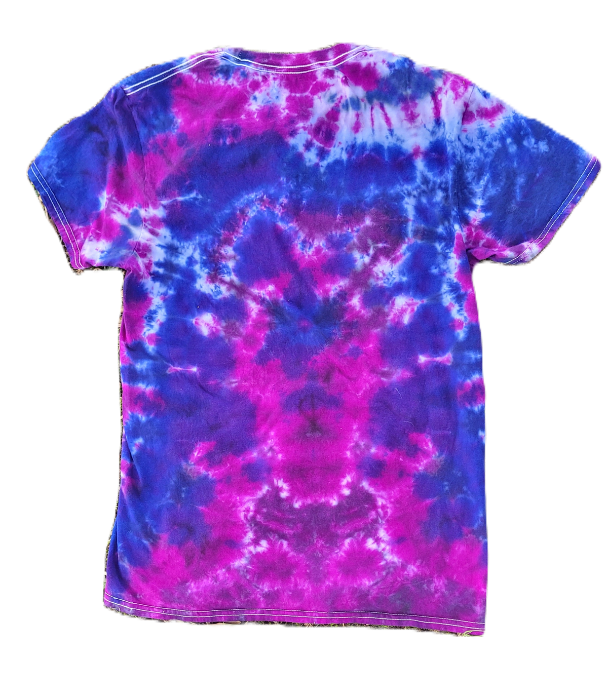 A short-sleeve crewneck t-shirt featuring a vibrant tie-dye pattern in purple and magenta pink, laid flat against a solid white background.