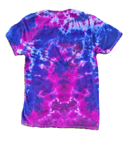A short-sleeve crewneck t-shirt featuring a vibrant tie-dye pattern in purple and magenta pink, laid flat against a solid white background.