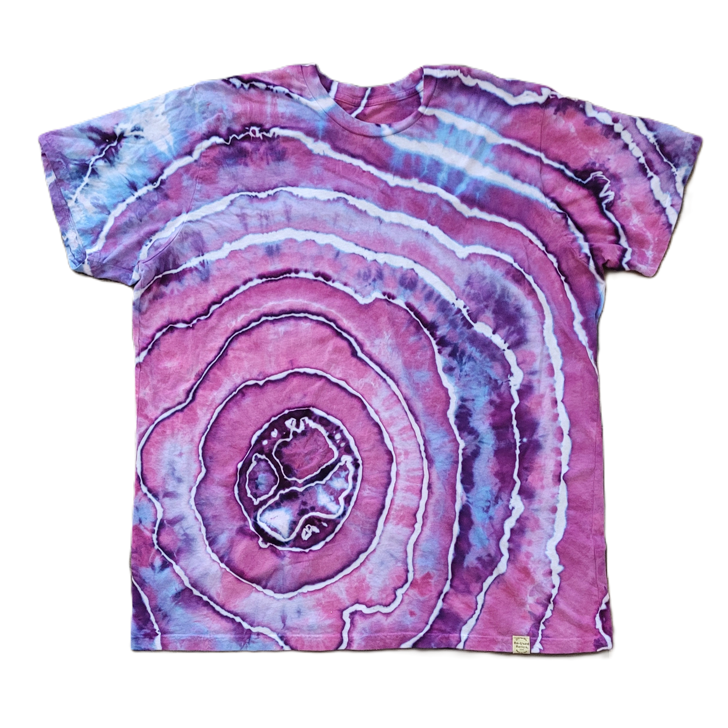 T-shirt with a pink and purple agate pattern on a white background