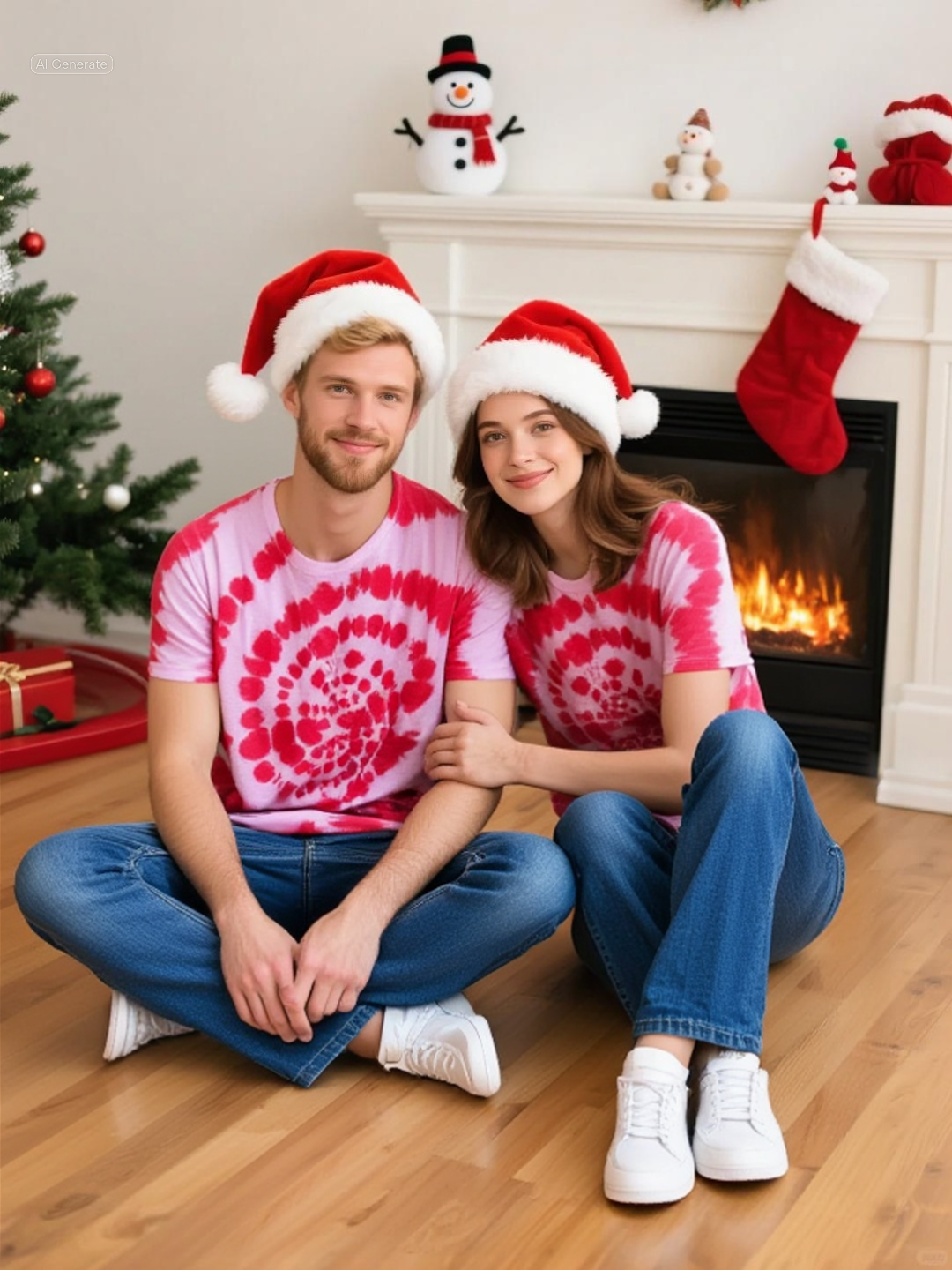 Two people wearing red and white tie-dye shirts and Santa hats sitting in front of a fireplace with Christmas decorations.