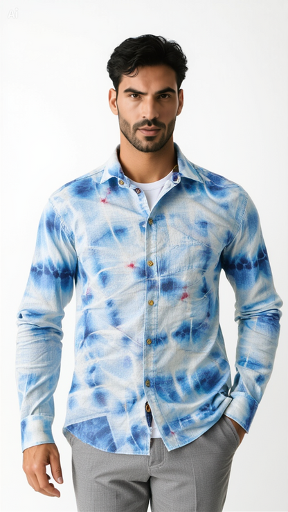 Azure Lattice Upcycled Tie-Dye Linen Shirt - Adult, Men's, Size Large - Re-Used Relics