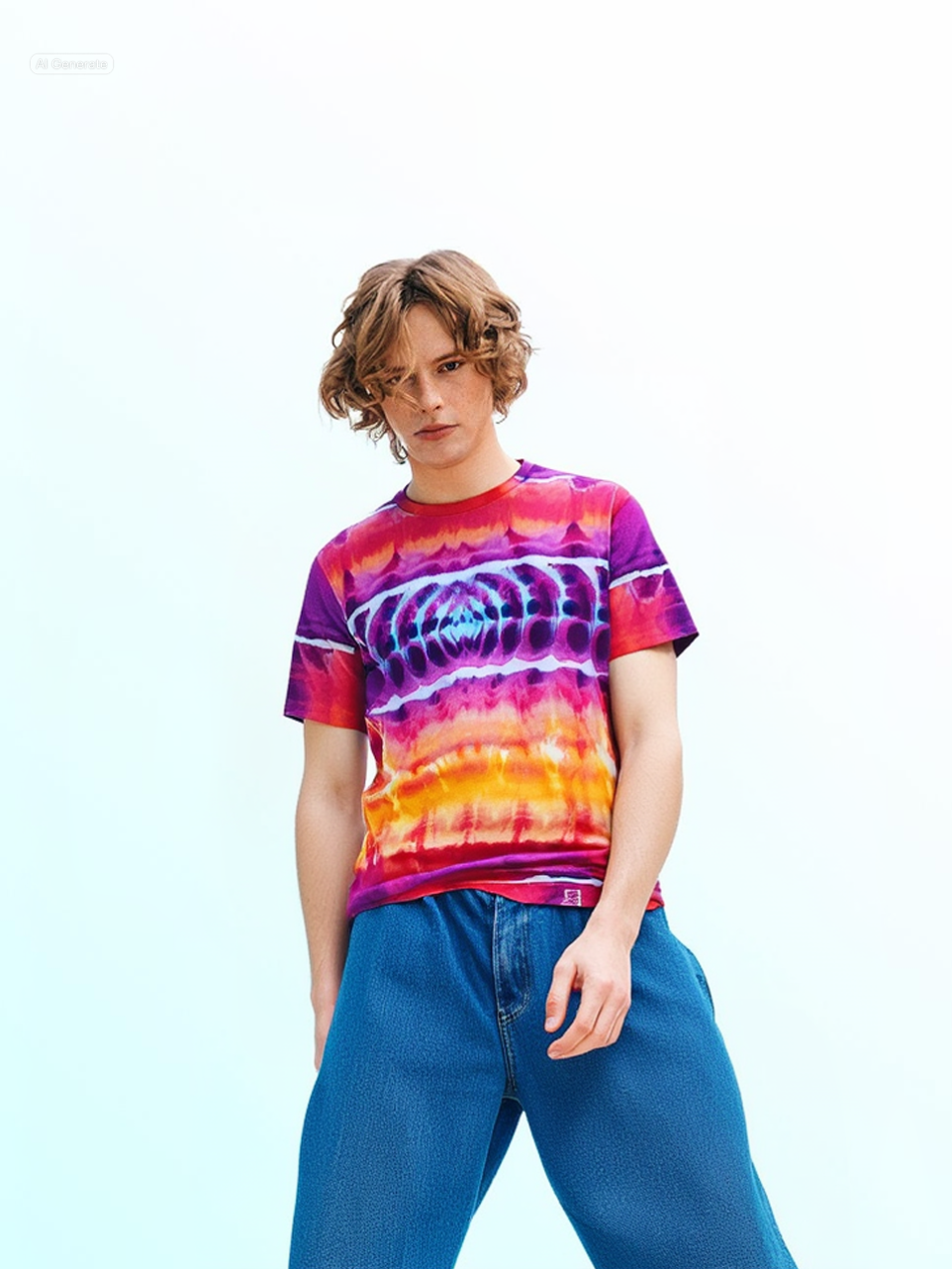 Person wearing a tie-dye shirt with a plain background