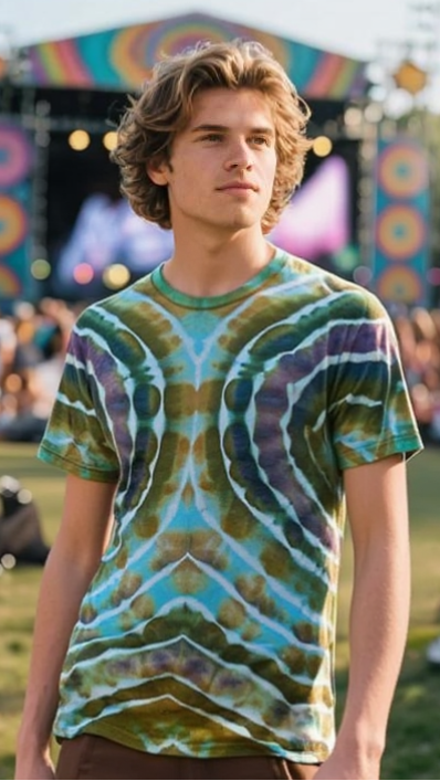 Person wearing a tie-dye shirt at a music festival with colorful stage and crowd in the background.