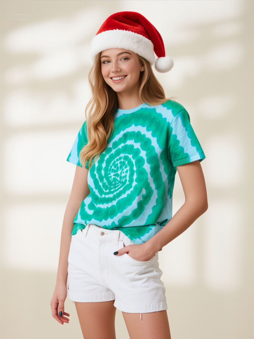 Person wearing a tie-dye shirt and Santa hat against a plain background