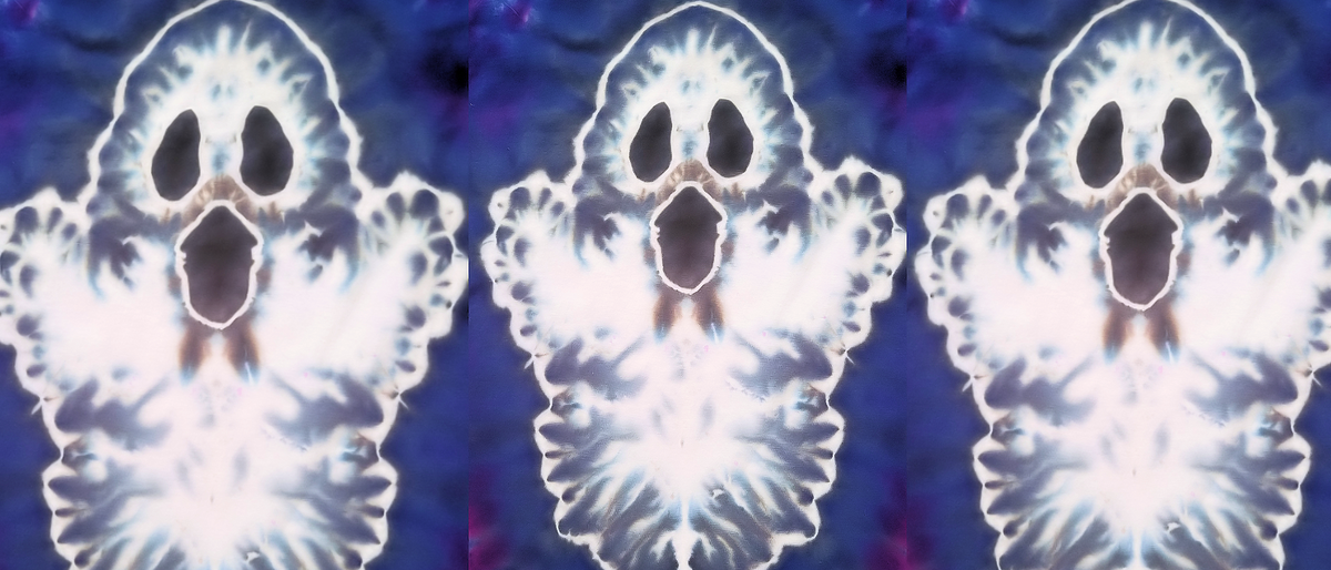 Three identical ghost-shaped graphic motifs with black eye and mouth shapes on a purple and blue marbled background.