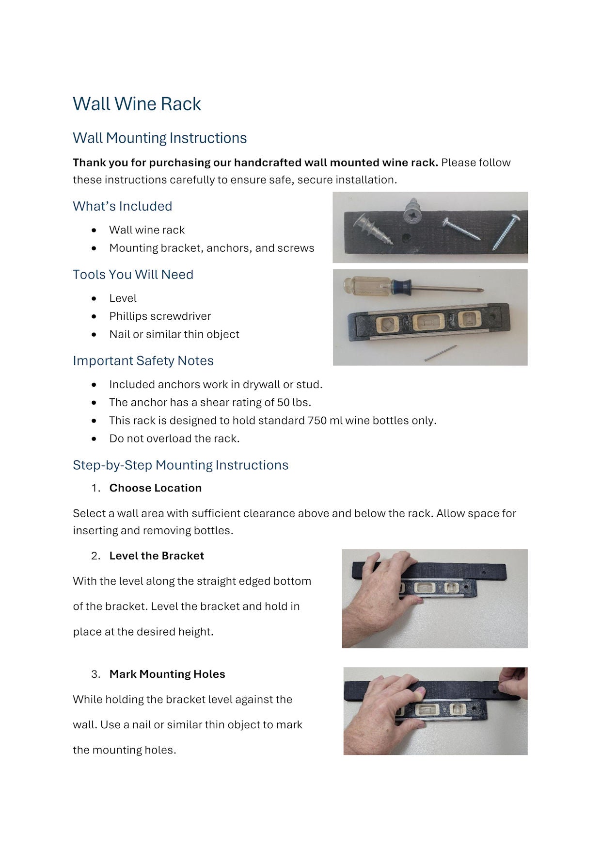 Wall wine rack mounting instructions with tools and safety notes on a white background
