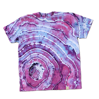 T-shirt with a pink and purple agate pattern on a white background