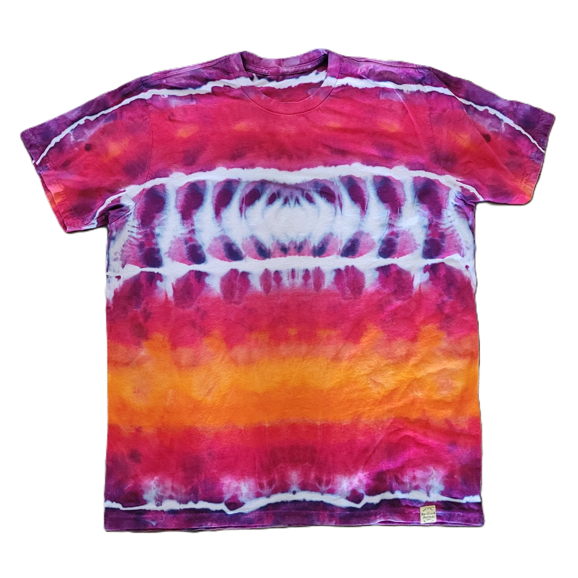 Tie-dye t-shirt with a gradient of pink, orange, and purple on a white background